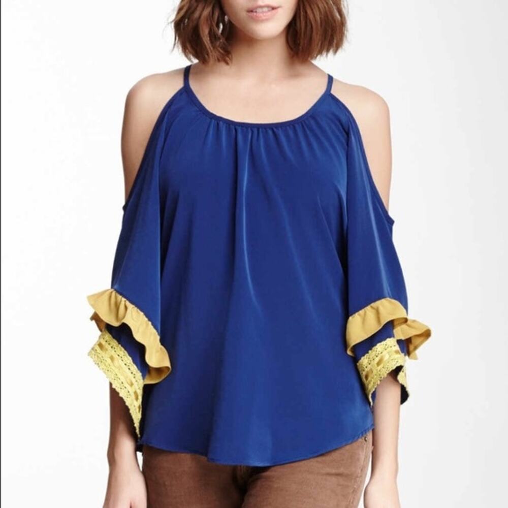 VaVa by Joy Han Royal Blue Cold Shoulder Ruffle Lace Trim Blouse